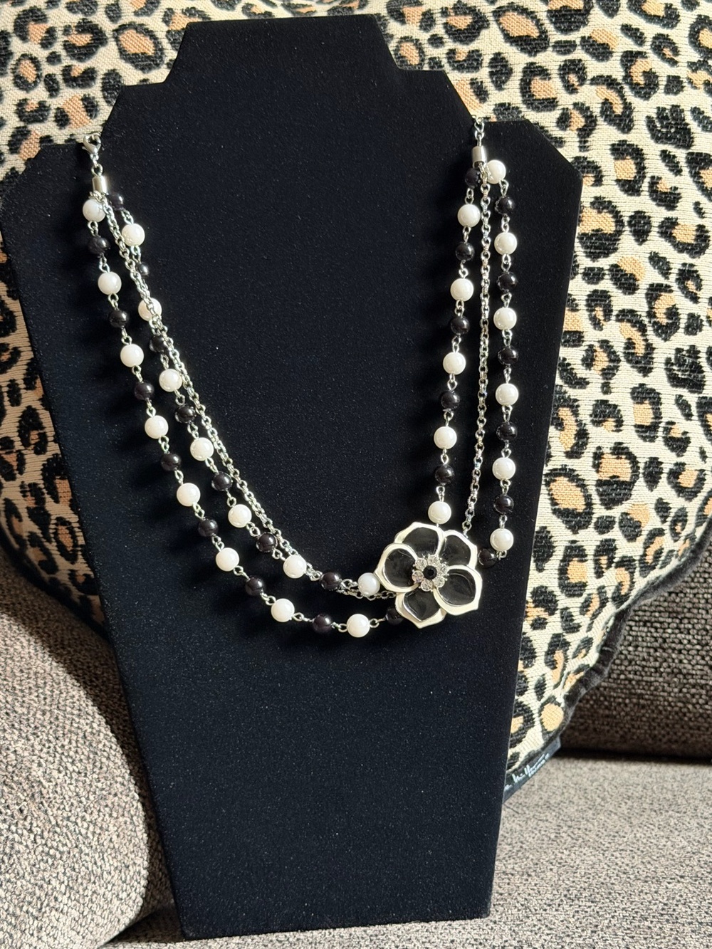 VCLM- black and white layered necklace with off set flower pendant